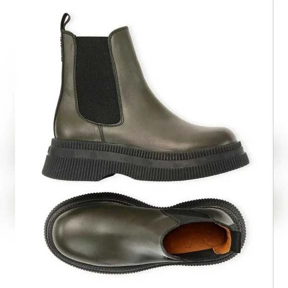 NWOB GANNI - Creepers Leather Chelsea Boots - Kalamata Olive Green - EU 40/US 10 - Picture 1 of 16